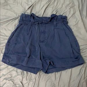 Blue high waist paper bag shorts